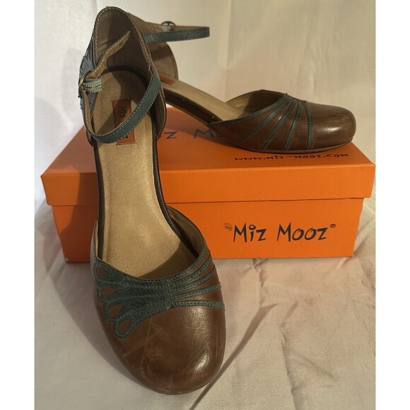Miz Mooz “Elly” Mary Jane Pumps Heals Shoes Round Toe Brown & Teal Size 10 US - Picture 1 of 11
